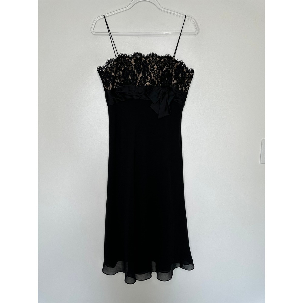 Anne Klein Silk Lace Midi Dress Spaghetti Strap Bow Empire Waist Sz 8 Black Y2K